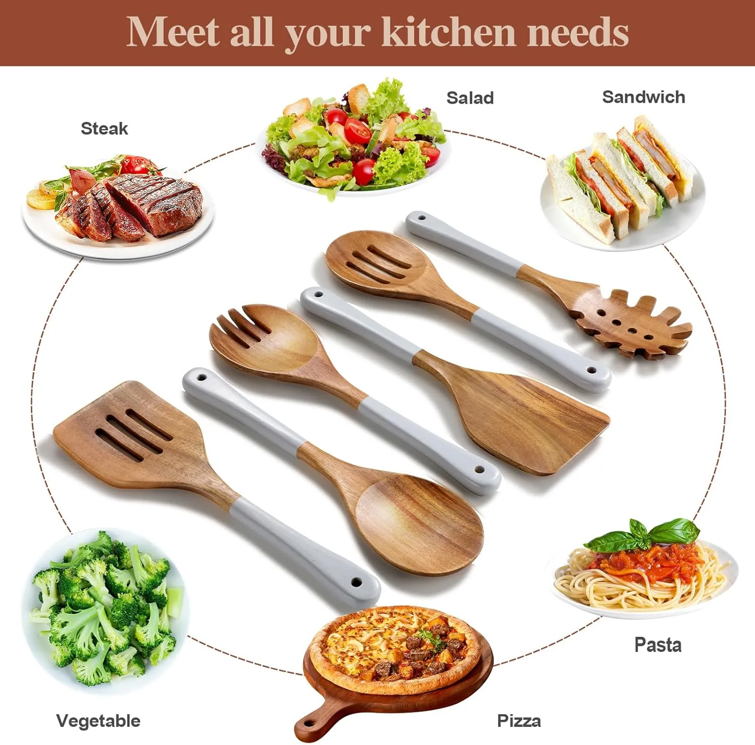 Wooden Spoons For Cooking, 6 Pieces Natural Acacia Wooden Cooking Utensils or Non-Stick Wooden Kitchen Utensil Set for Kitchen Essentials, Wood Cooking Utensils Set with Hanging Hole, Grey