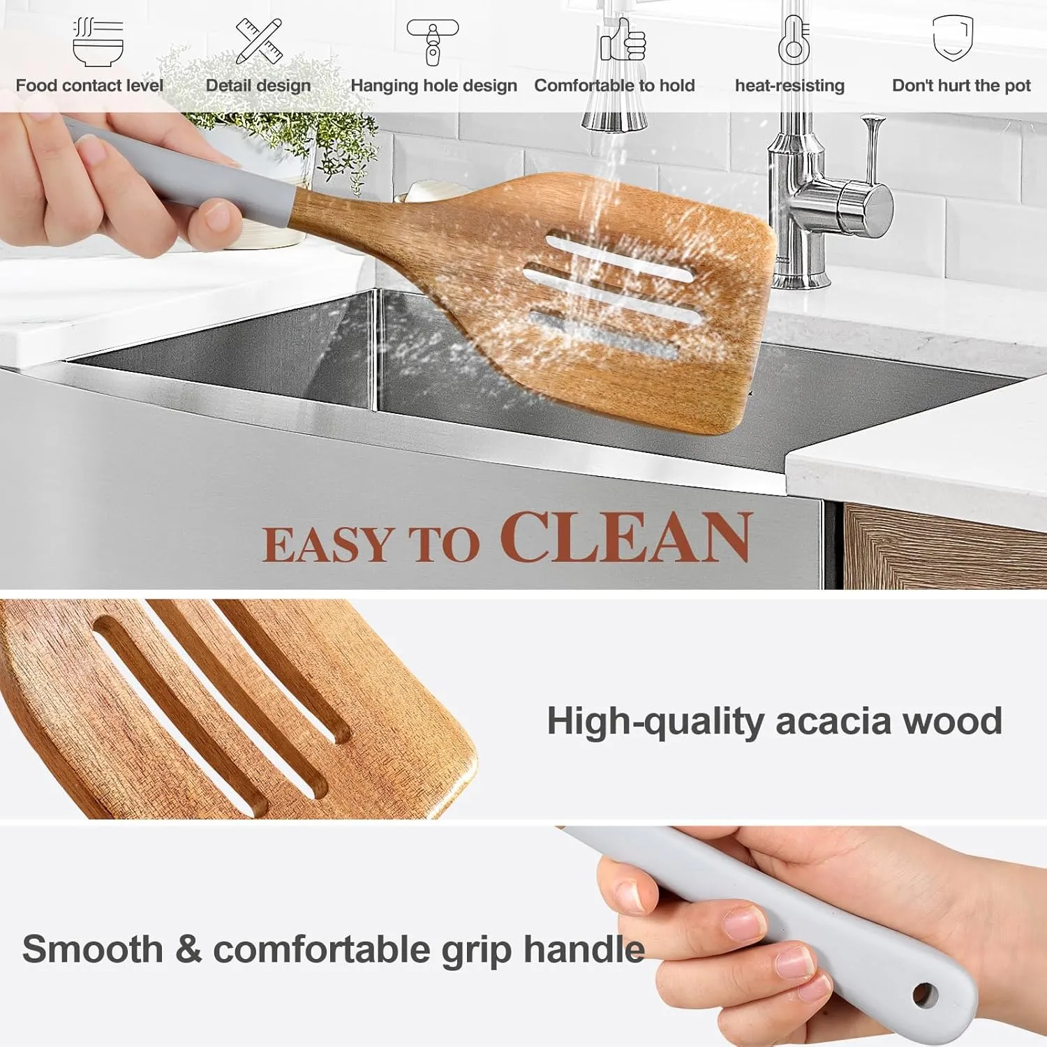 Wooden Spoons For Cooking, 6 Pieces Natural Acacia Wooden Cooking Utensils or Non-Stick Wooden Kitchen Utensil Set for Kitchen Essentials, Wood Cooking Utensils Set with Hanging Hole, Grey