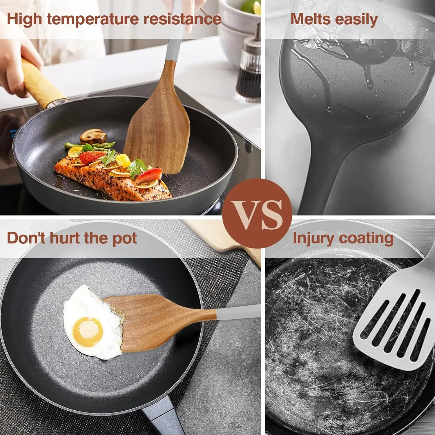 Wooden Spoons For Cooking, 6 Pieces Natural Acacia Wooden Cooking Utensils or Non-Stick Wooden Kitchen Utensil Set for Kitchen Essentials, Wood Cooking Utensils Set with Hanging Hole, Grey