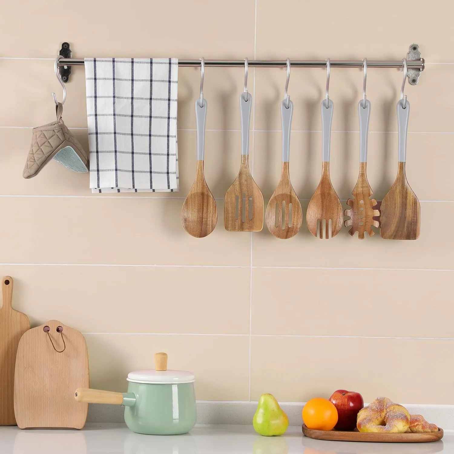Wooden Spoons For Cooking, 6 Pieces Natural Acacia Wooden Cooking Utensils or Non-Stick Wooden Kitchen Utensil Set for Kitchen Essentials, Wood Cooking Utensils Set with Hanging Hole, Grey