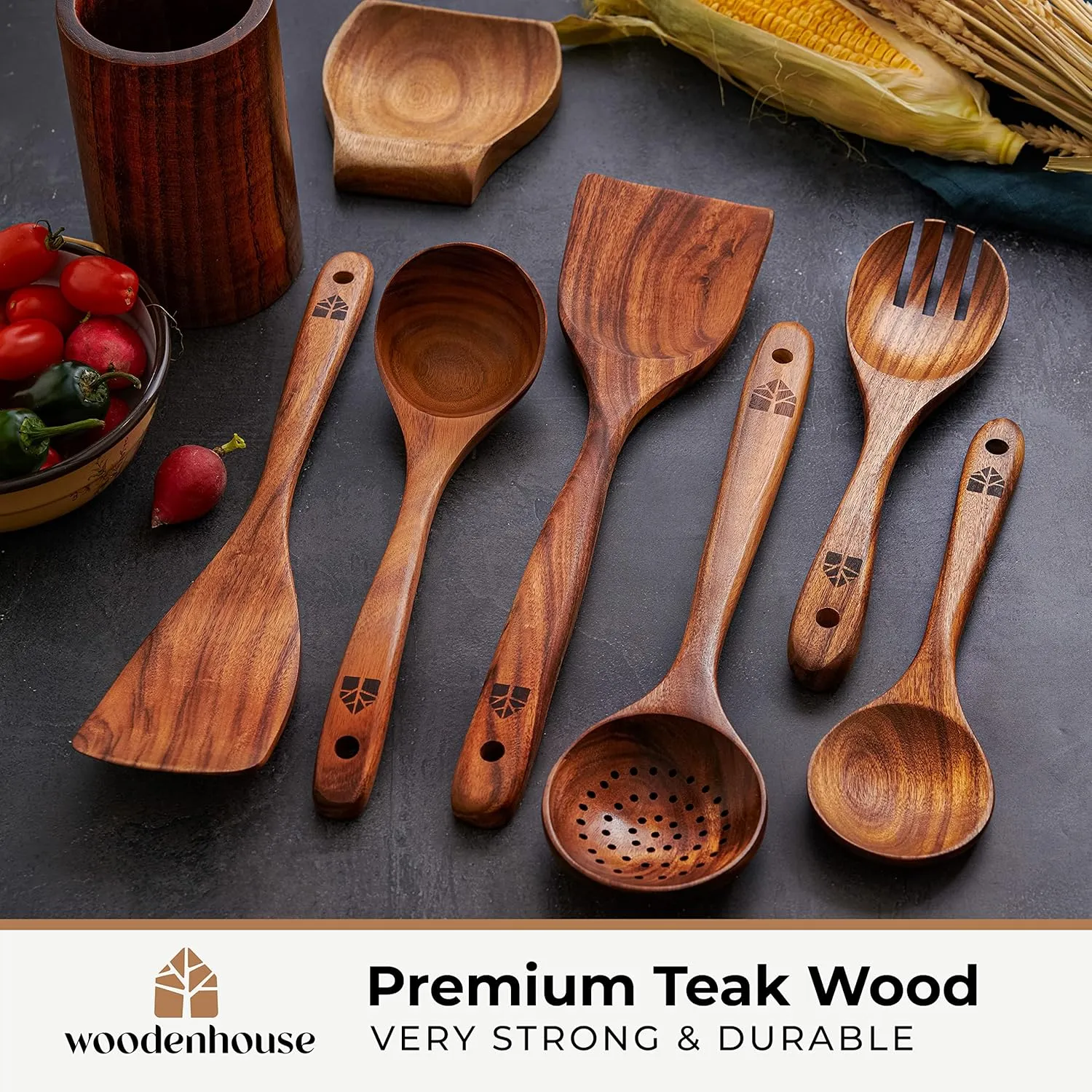 Wooden Utensil Set, Wooden Spoons for Cooking, Wooden Cooking Utensils Set with Holder, Spoon Rest & Hooks, Teak Wood Nonstick Kitchen Cookware – 8 Piece set of wooden utensils with 6 Metal Hooks