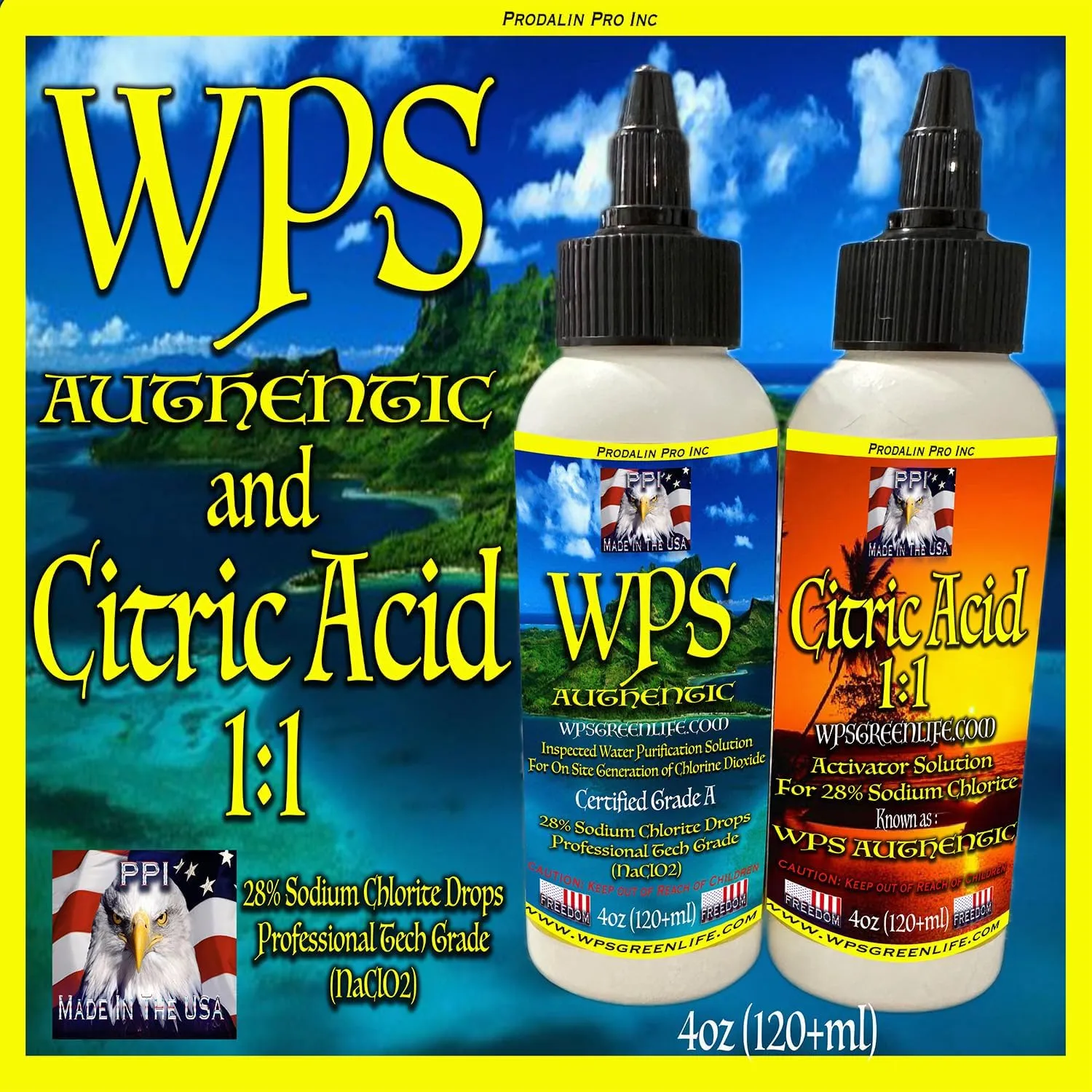 WPS Authentic 4oz 120ml and Citric Acid 1:1 4oz Chlorine Dioxide Kit Water Purification Drops.