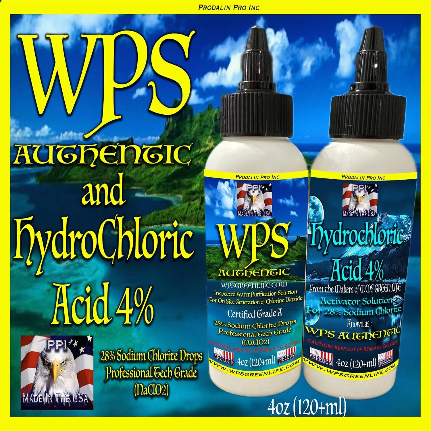 WPS Authentic 4oz 120ml and Hydrochloric Acid 4% Chlorine Dioxide Kit Water Purification Drops.