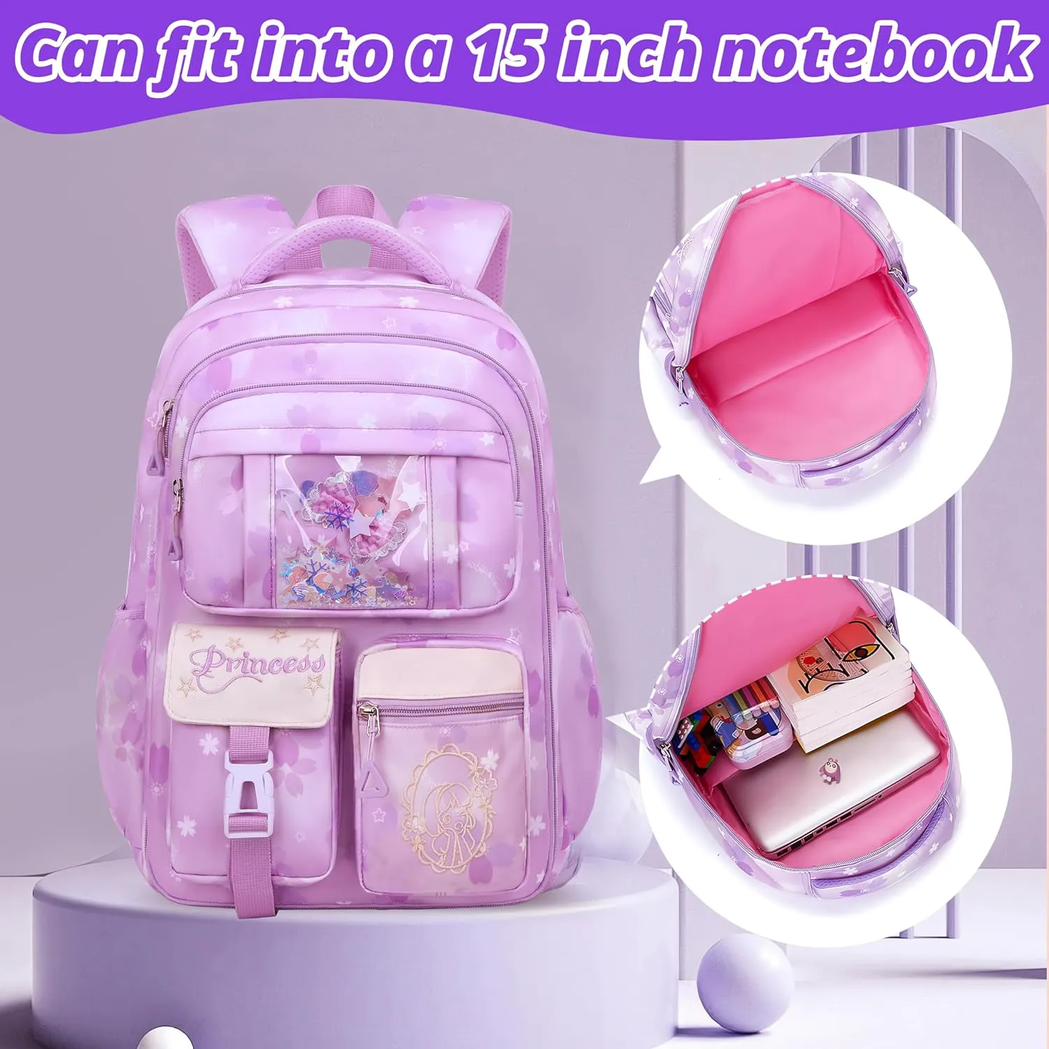 Wraifa Girls Backpack and Lunch Box Set - Sequin Backpack for Girls Elementary School Preschool Princess Kids Bookbag (Lunch Bag Set Purple)