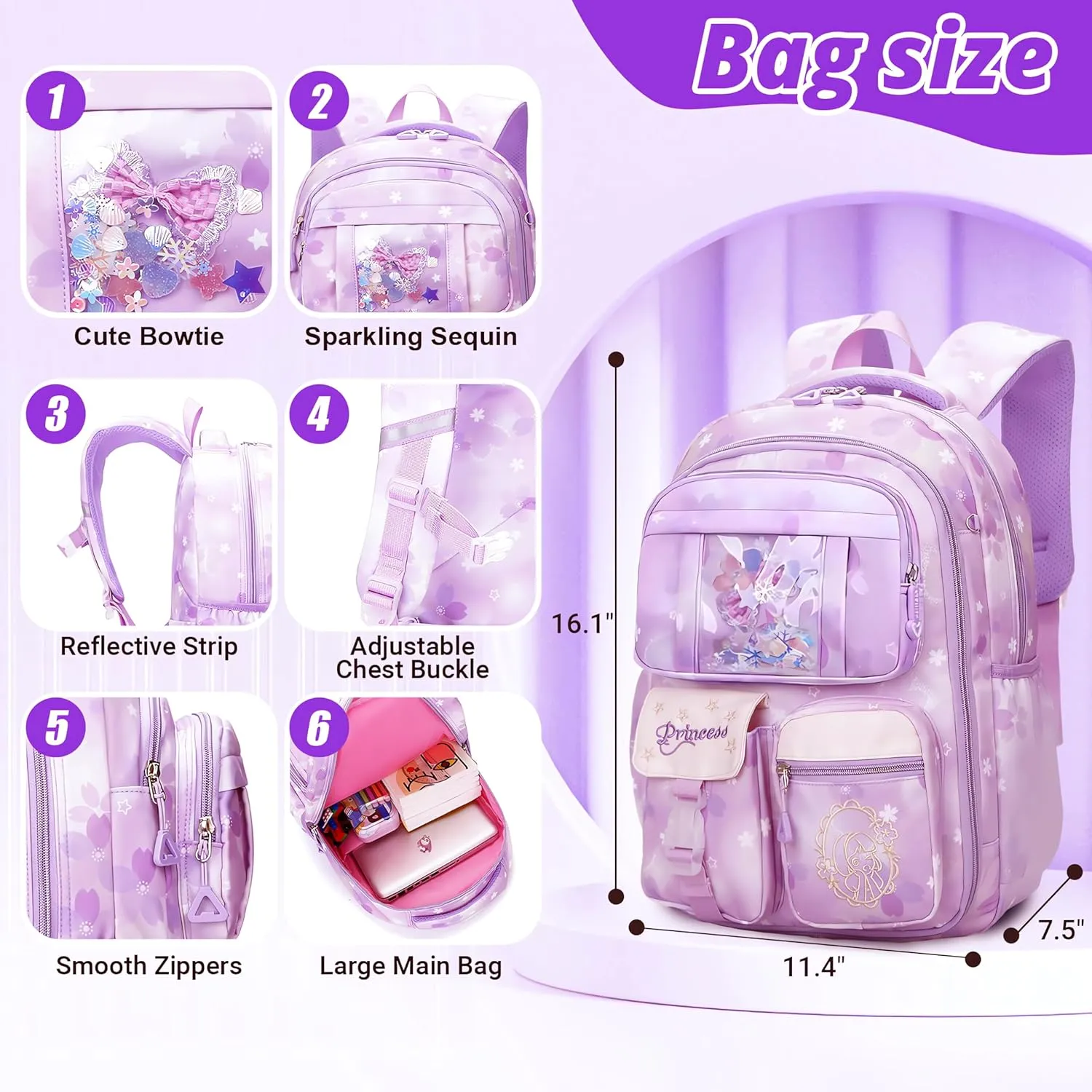 Wraifa Girls Backpack and Lunch Box Set - Sequin Backpack for Girls Elementary School Preschool Princess Kids Bookbag (Lunch Bag Set Purple)