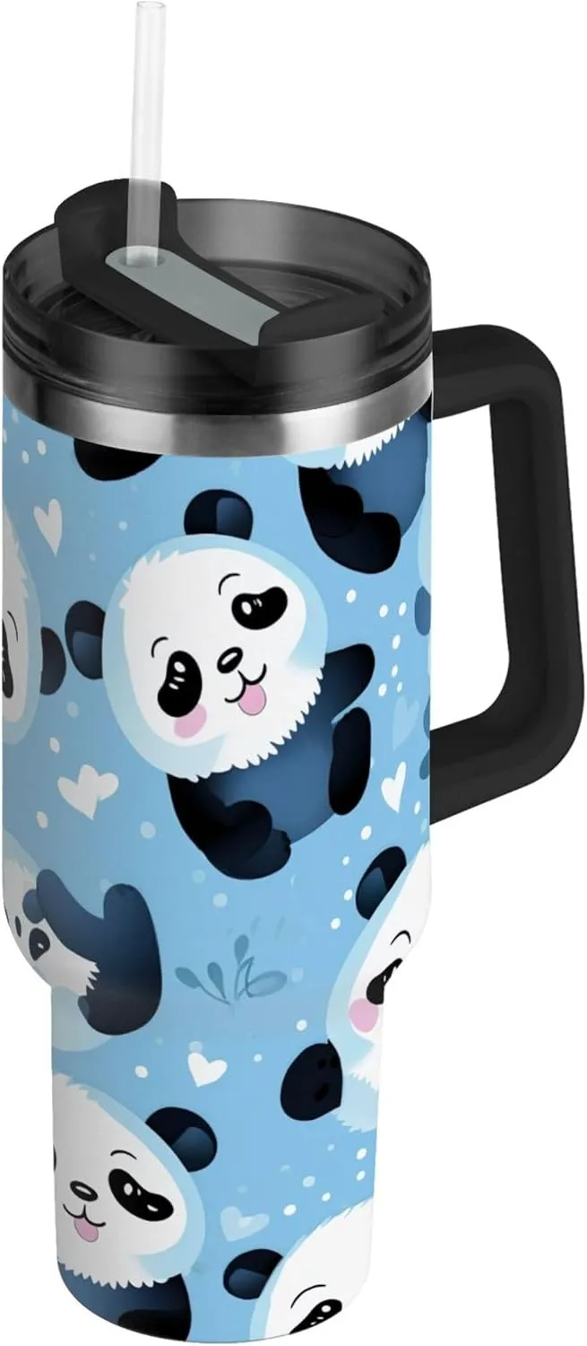xigua 30 oz Cute Panda Tumbler with Handle and Straw Lid, Stainless Steel Vacuum Insulated Sports Water Bottle, Keeps Cold or Hot Coffee Cup Travel Mug
