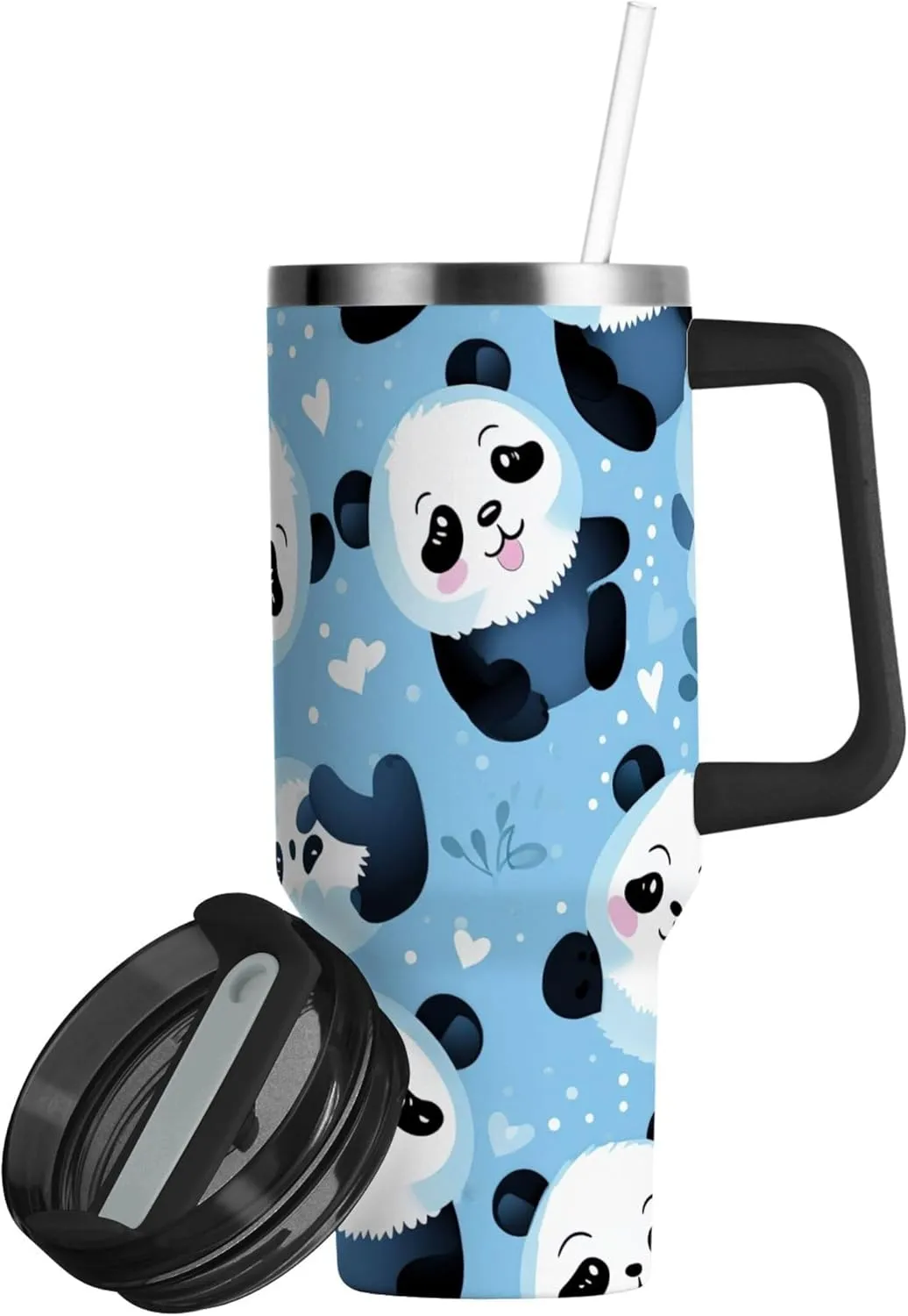 xigua 30 oz Cute Panda Tumbler with Handle and Straw Lid, Stainless Steel Vacuum Insulated Sports Water Bottle, Keeps Cold or Hot Coffee Cup Travel Mug