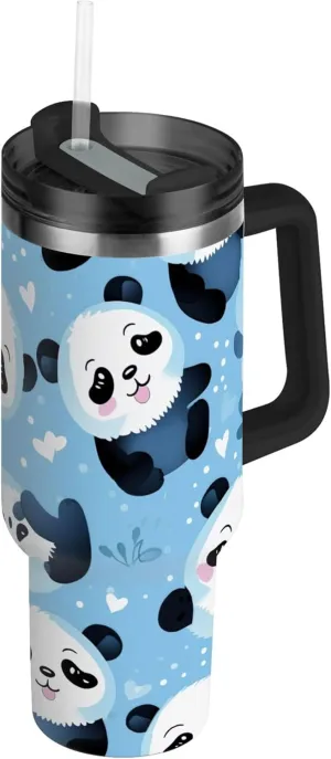 xigua 30 oz Cute Panda Tumbler with Handle and Straw Lid, Stainless Steel Vacuum Insulated Sports Water Bottle, Keeps Cold or Hot Coffee Cup Travel Mug