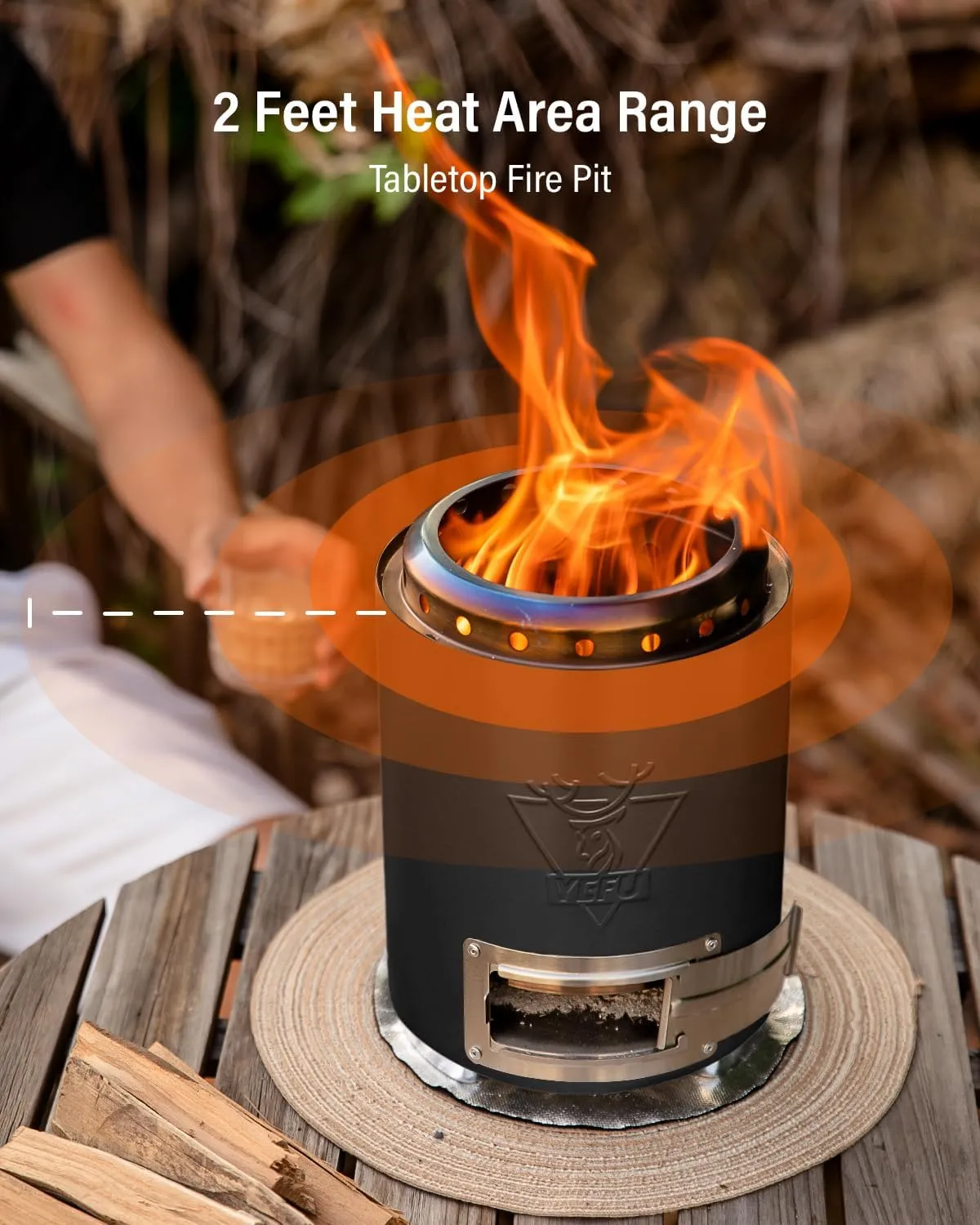 YEFU Tabletop Fire Pit 9.7 x 7.1 in, Flame Intensity Control Camping Stove for Outdoor & Patio, Fueled by Pellets or Wood, Safe Burning Table Top Firepit, with Travel Bag & 2 Mini Sticks, Black
