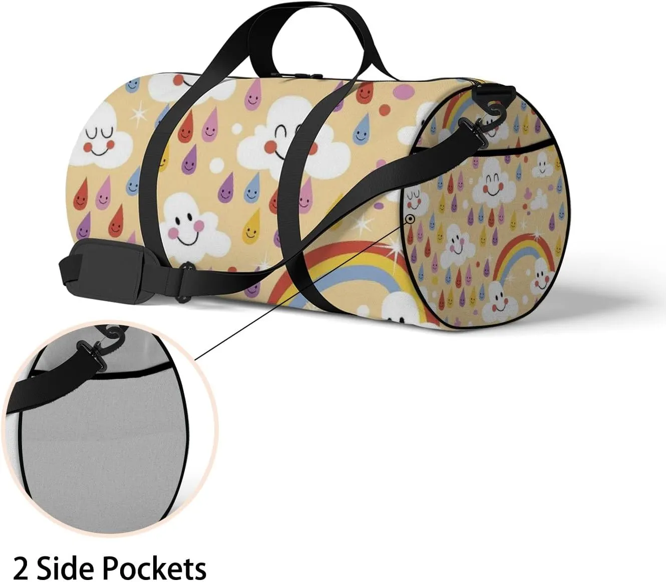 Yellow Kawaii Cute Clouds Rainbows Rain Drops Sports Bag Tote Bag Waterproof Gym Bag with Shoulder Strap Zipper 2 Side Pockets for Men and Women, Travel and Storage Shoulder Bag.