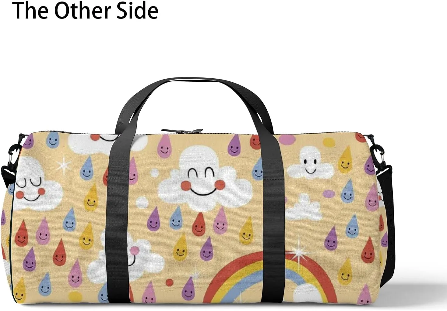 Yellow Kawaii Cute Clouds Rainbows Rain Drops Sports Bag Tote Bag Waterproof Gym Bag with Shoulder Strap Zipper 2 Side Pockets for Men and Women, Travel and Storage Shoulder Bag.