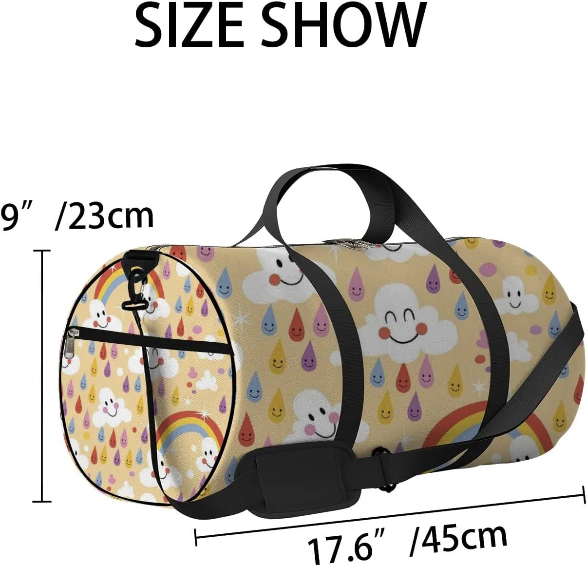 Yellow Kawaii Cute Clouds Rainbows Rain Drops Sports Bag Tote Bag Waterproof Gym Bag with Shoulder Strap Zipper 2 Side Pockets for Men and Women, Travel and Storage Shoulder Bag.