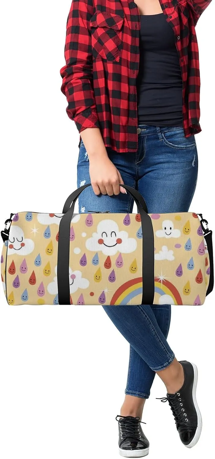 Yellow Kawaii Cute Clouds Rainbows Rain Drops Sports Bag Tote Bag Waterproof Gym Bag with Shoulder Strap Zipper 2 Side Pockets for Men and Women, Travel and Storage Shoulder Bag.