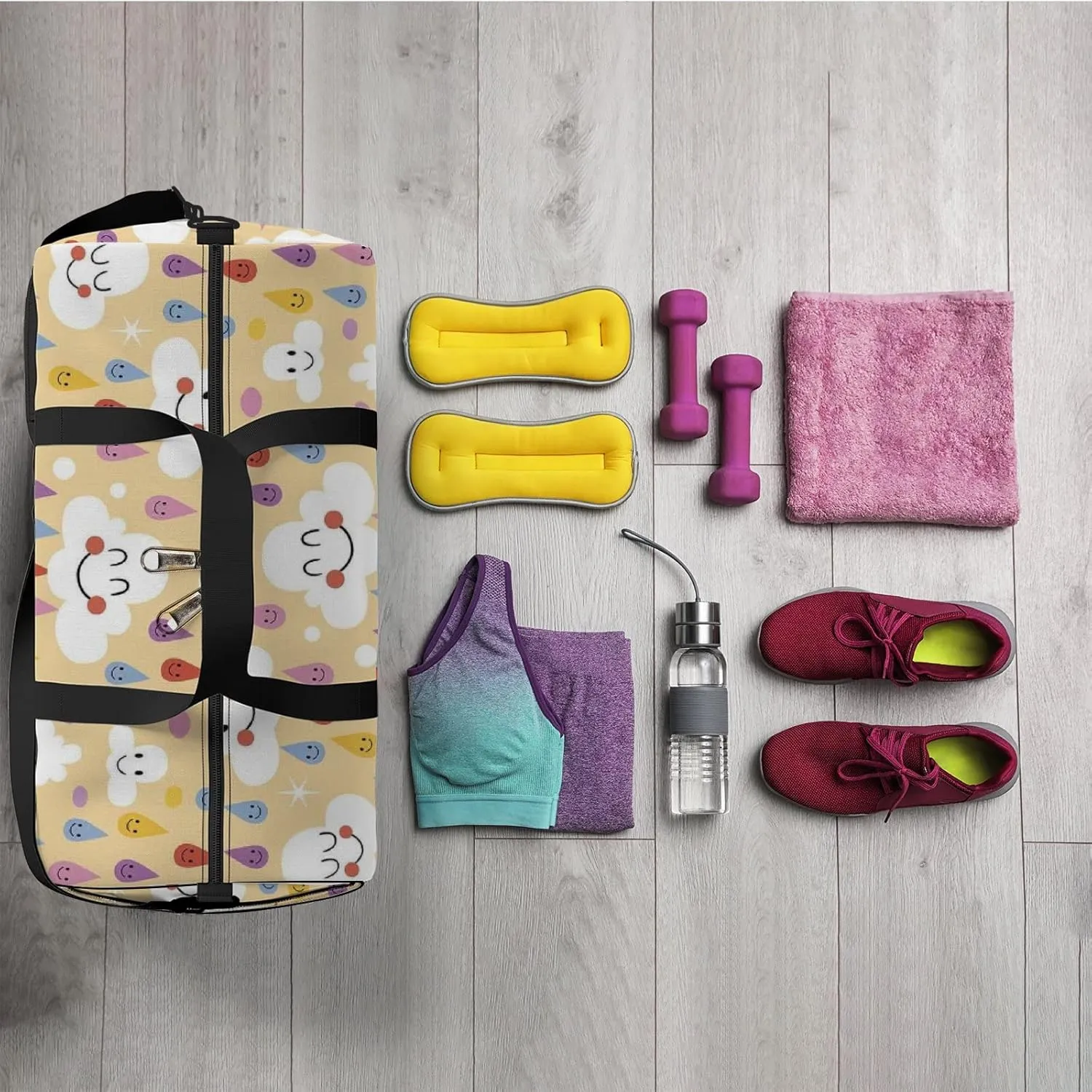 Yellow Kawaii Cute Clouds Rainbows Rain Drops Sports Bag Tote Bag Waterproof Gym Bag with Shoulder Strap Zipper 2 Side Pockets for Men and Women, Travel and Storage Shoulder Bag.