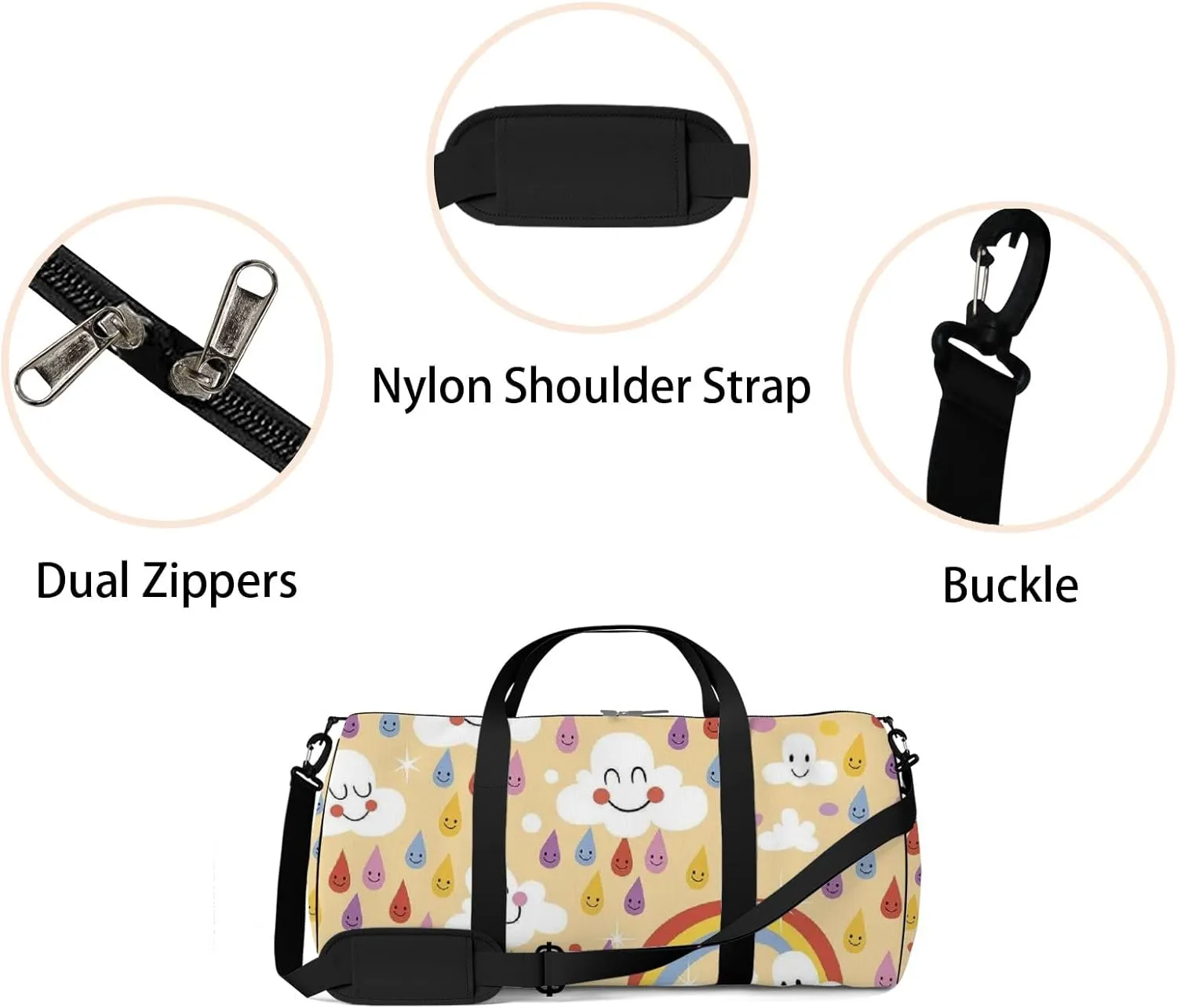 Yellow Kawaii Cute Clouds Rainbows Rain Drops Sports Bag Tote Bag Waterproof Gym Bag with Shoulder Strap Zipper 2 Side Pockets for Men and Women, Travel and Storage Shoulder Bag.
