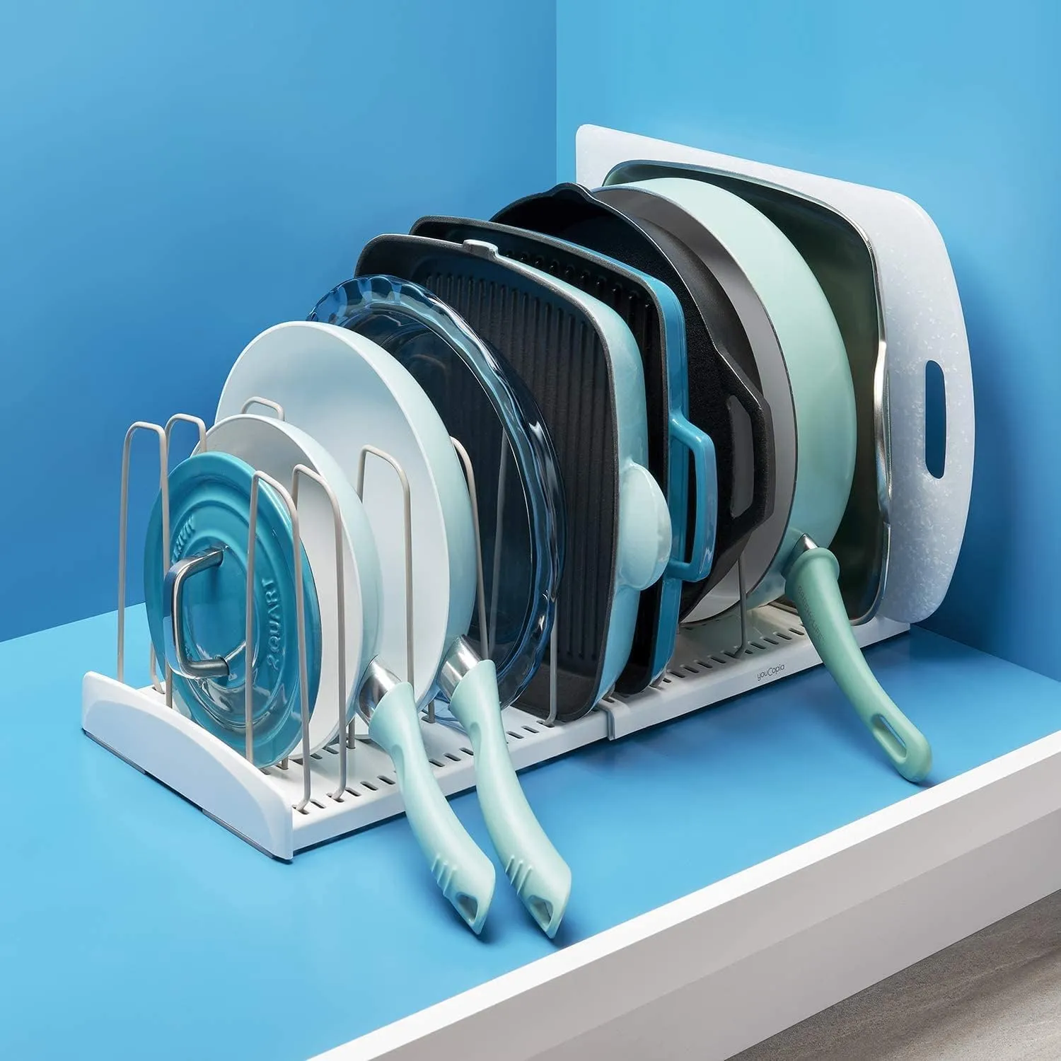 YouCopia StoreMore Expandable Cookware Rack, Adjustable Pan Organizer for Kitchen Cabinet Storage, White