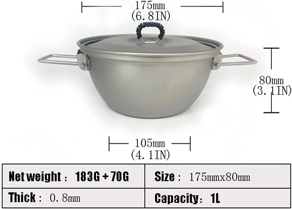 YYDS Outdoor Camping Camping Cookware Portable Lightweight Pot Outdoors Indoors Kitchen Family Campfire Hiking Camping Cooker Titanium Pot Adventures Picnics (Size : 1L)