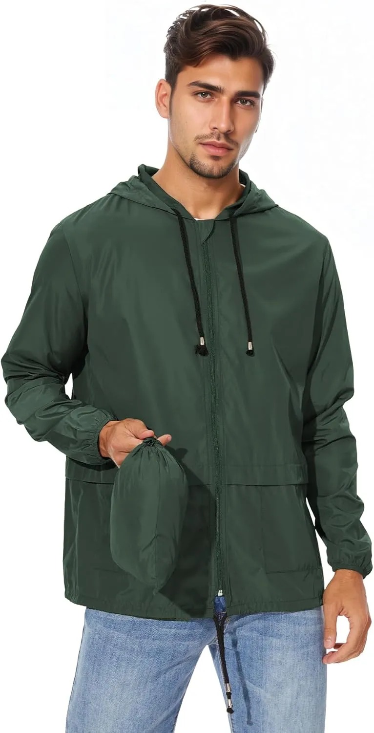 Zando Packable Mens Rain Jacket Lightweight Raincoat Waterproof with Hood Outdoor Windbreaker Jacket Travel Rain Jackets
