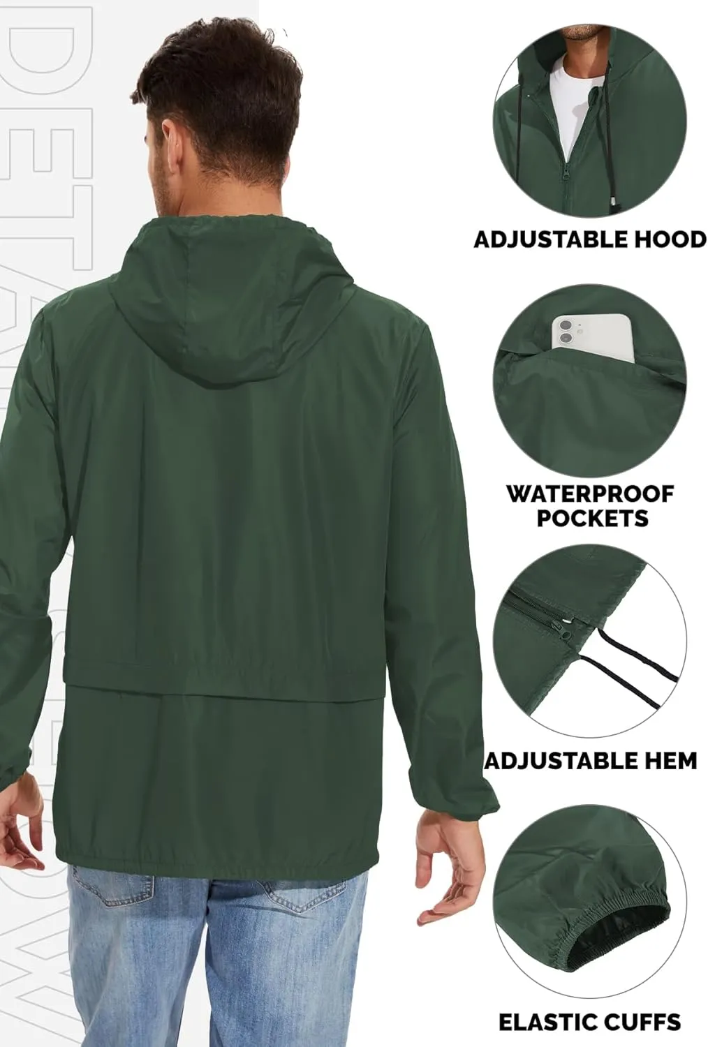 Zando Packable Mens Rain Jacket Lightweight Raincoat Waterproof with Hood Outdoor Windbreaker Jacket Travel Rain Jackets