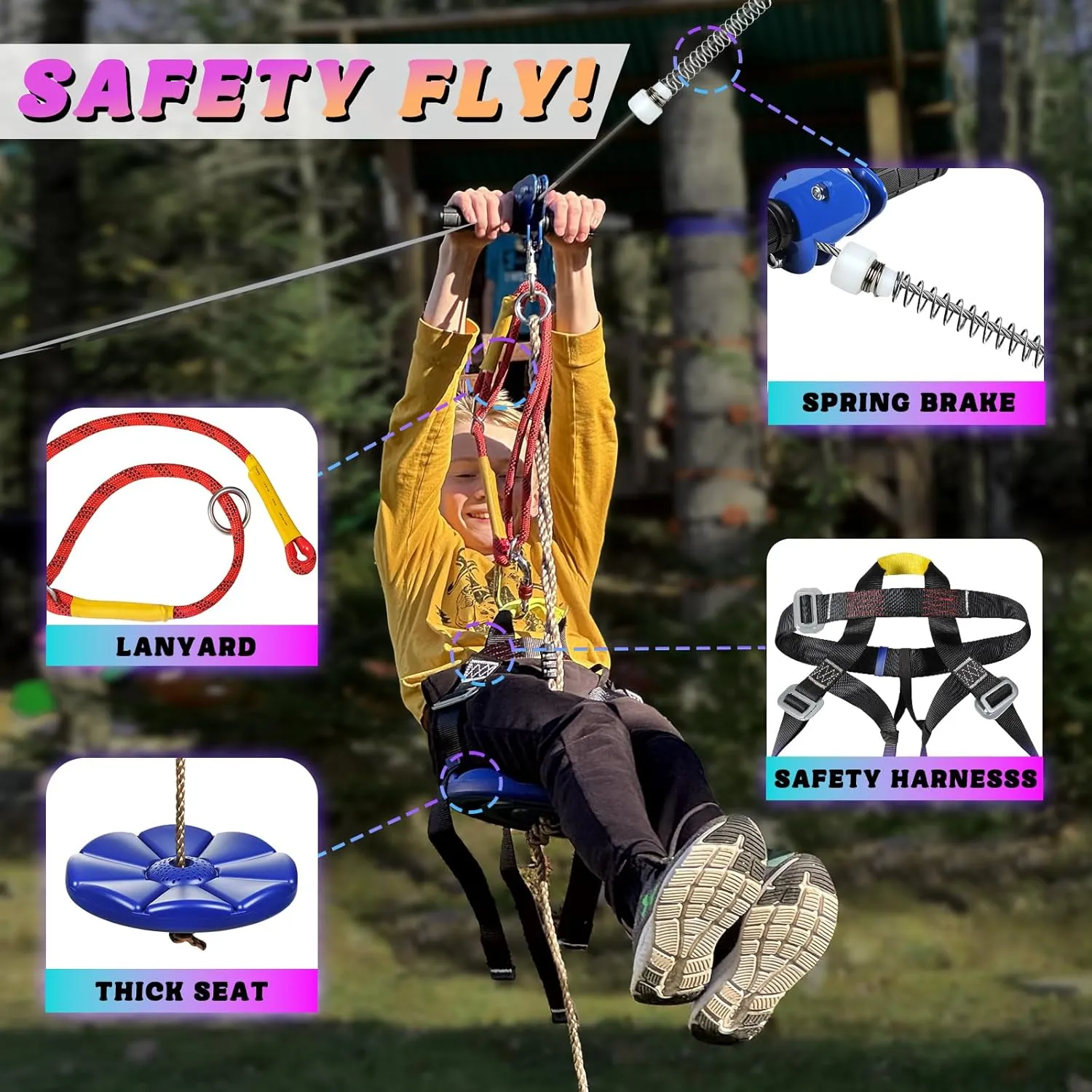 Zipline for Kids and Adult, Zip line Kits for Backyard with Stainless Steel Spring Brake, Cable Tensioning Kit, Safety Harness, 2 Tree Protectors and Full Set of Zip line Accessories