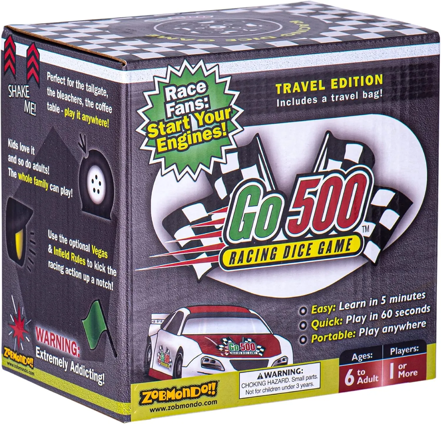 Zobmondo!! Go500 Car Racing Dice Game | Great for NASCAR Fans, Families, and Kids | Portable Fun Game for Home, Travel, Camping, Bleachers, Vacation, Beach