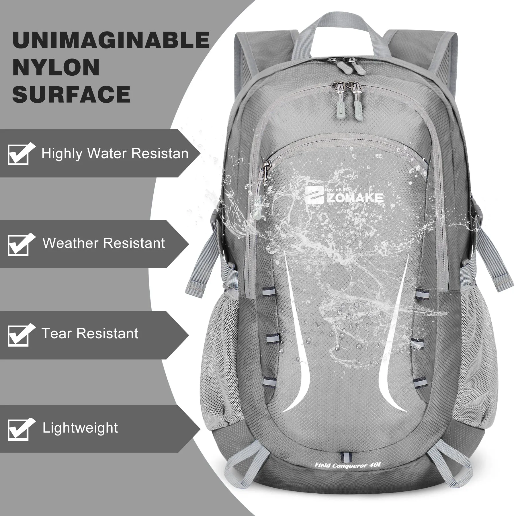 ZOMAKE Lightweight Packable Backpack 35L, Foldable Backpacks Water Resistant Collapsible Light Daypack for Hiking(Silver Grey)
