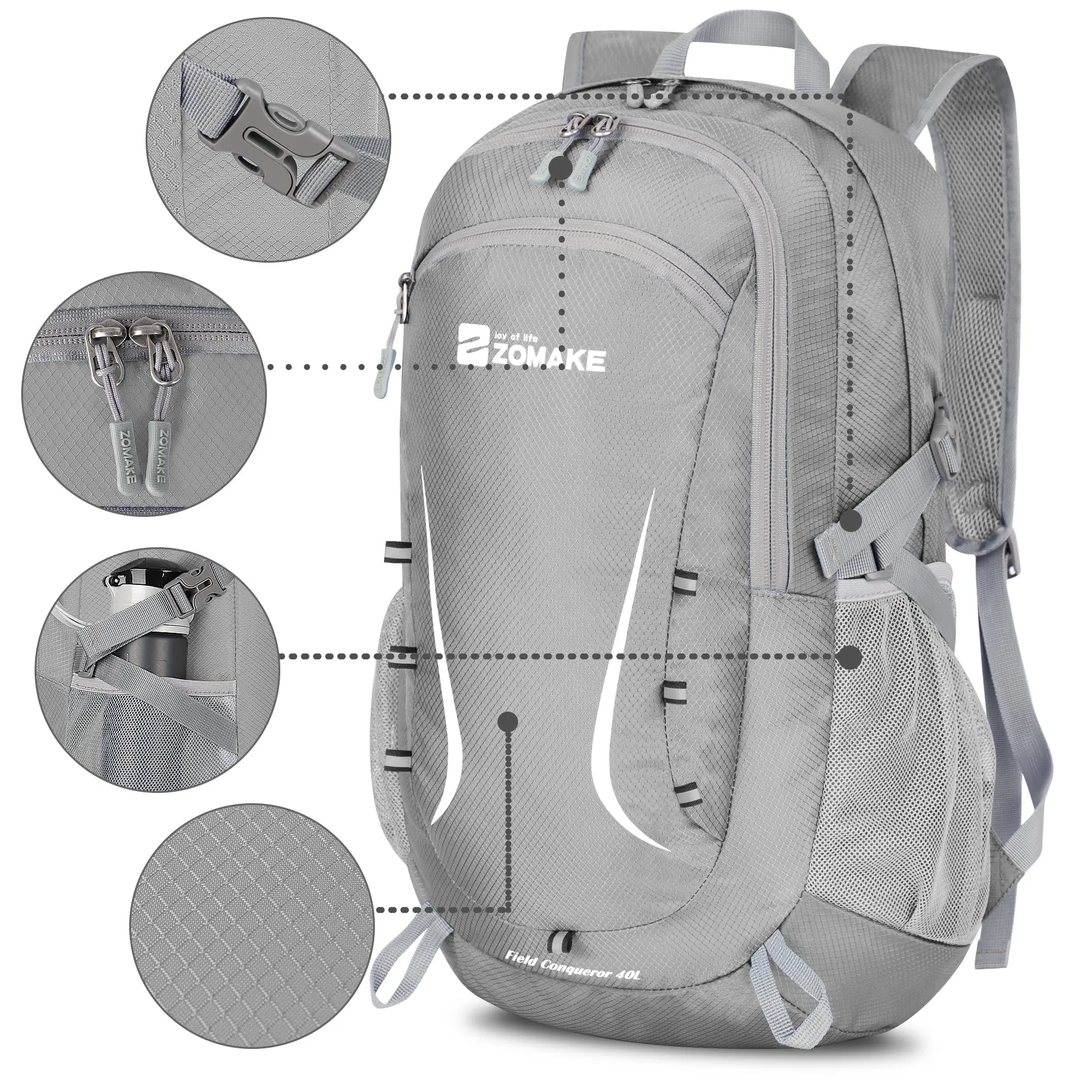 ZOMAKE Lightweight Packable Backpack 35L, Foldable Backpacks Water Resistant Collapsible Light Daypack for Hiking(Silver Grey)