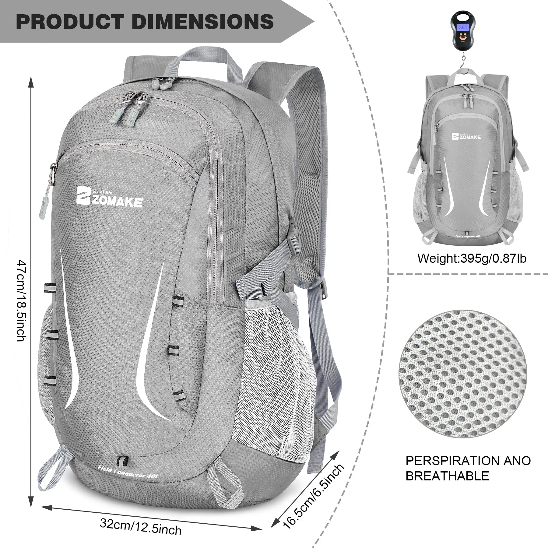 ZOMAKE Lightweight Packable Backpack 35L, Foldable Backpacks Water Resistant Collapsible Light Daypack for Hiking(Silver Grey)