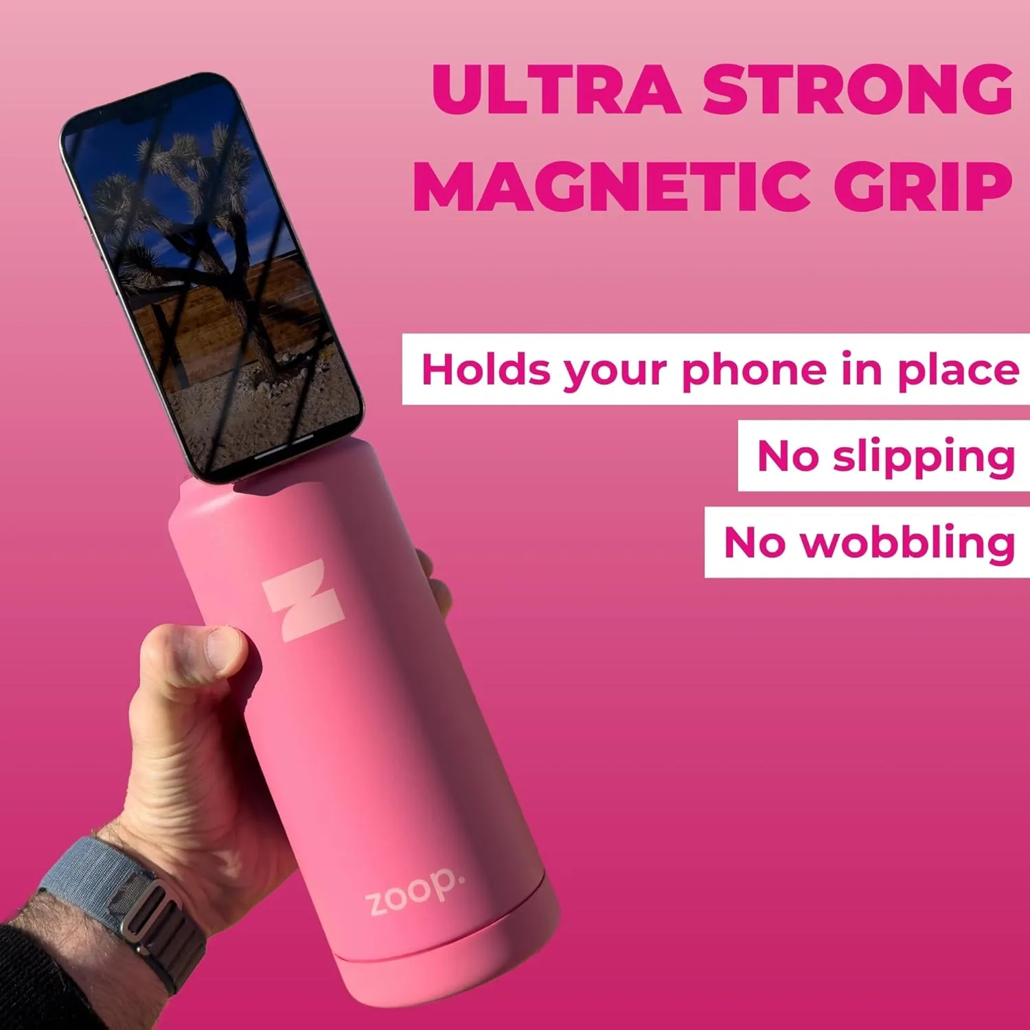 ZoopMag – 32oz Magnetic Water Bottle & Phone Mount | Insulated Stainless Steel Bottle | Hands-Free Workout & Travel Companion | Adjustable Magnetic Phone Holder for Fitness & Work Calls (Pink)