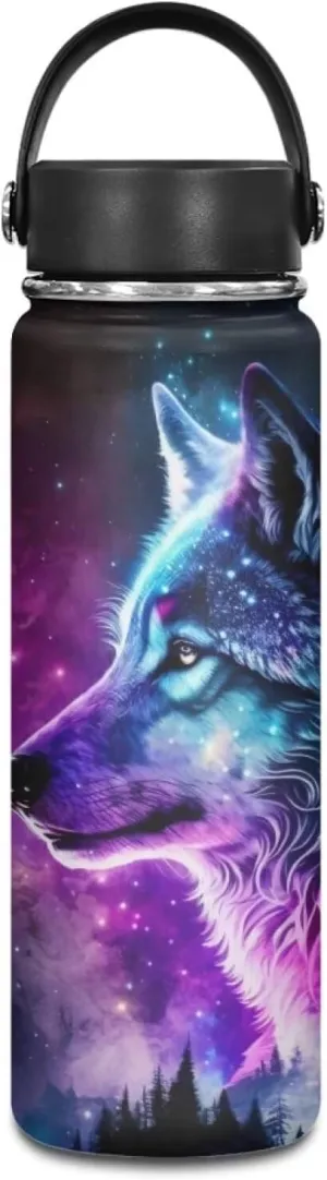 ZOUTAIRONG Galaxy Wolf Insulated Water Bottle 20 oz Stainless Steel Water Bottles for Boys Travelling, Camping, Cycling Water Bottle Vacuum Cup Water Bottle Purple Moon Night
