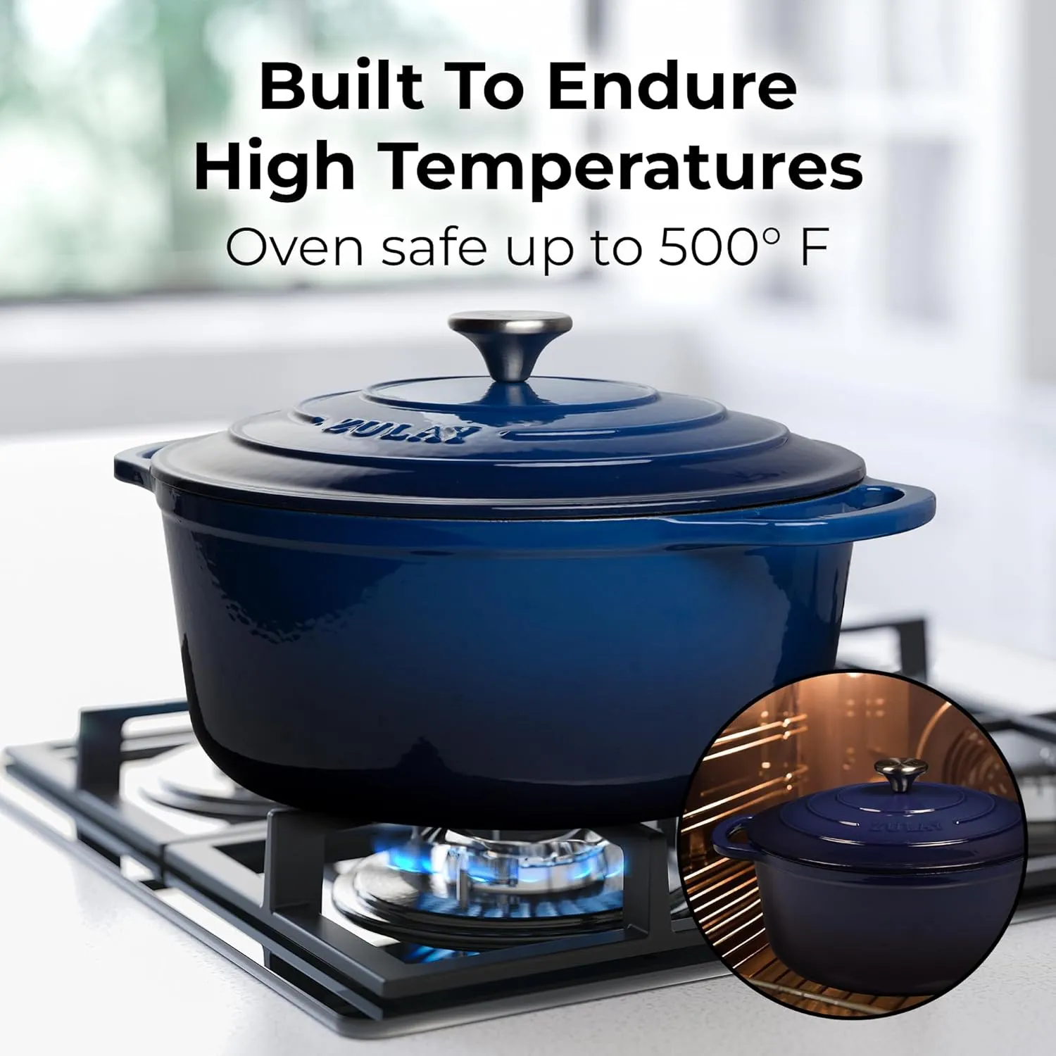 Zulay Kitchen 6 Quart Enameled Cast Iron Dutch Oven with Lid – Premium Durability & Oven Safe up to 500°F – Heavy Duty Cookware Perfect for Bread Baking, Stews, Braising & Roasting – Sapphire Blue