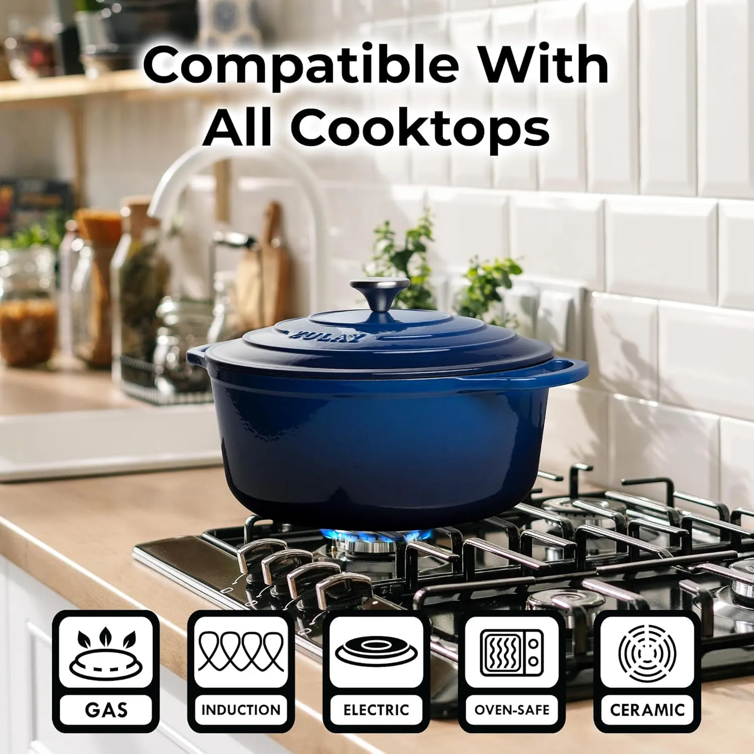 Zulay Kitchen 6 Quart Enameled Cast Iron Dutch Oven with Lid – Premium Durability & Oven Safe up to 500°F – Heavy Duty Cookware Perfect for Bread Baking, Stews, Braising & Roasting – Sapphire Blue