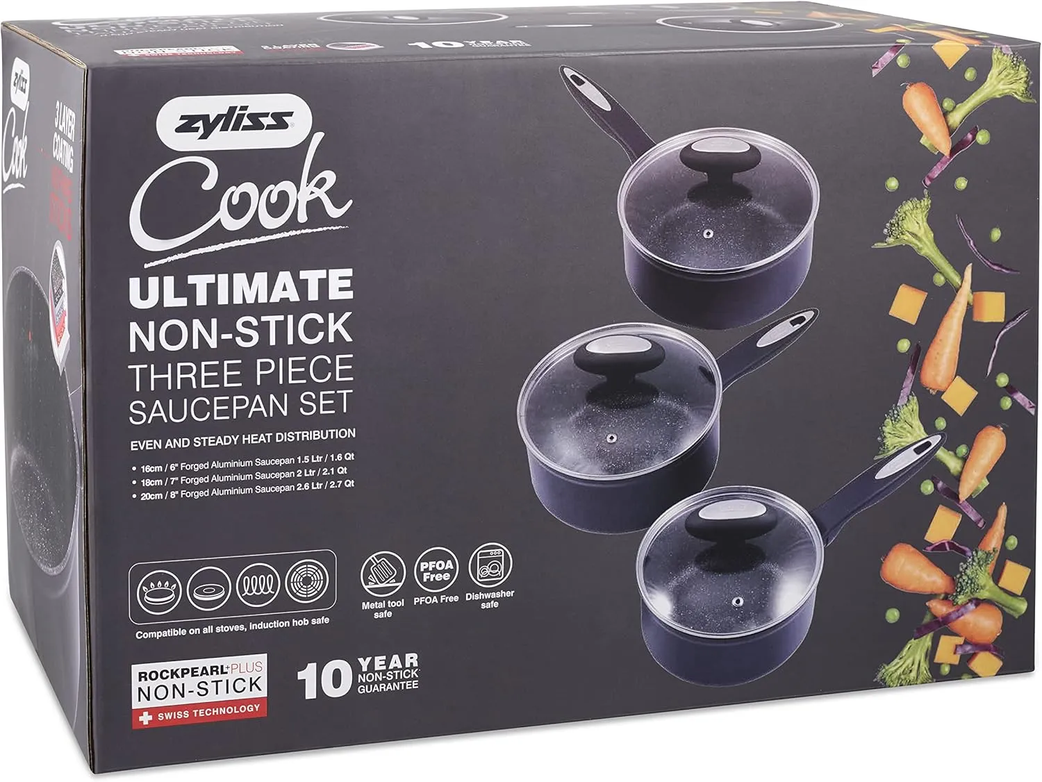 Zyliss E980143 Ultimate Non-Stick 3 Piece Saucepan Set with Lids, Multiple Sizes, Forged Aluminium, Black, Rockpearl Plus Non-Stick Technology, Suitable for All Hobs Including Induction